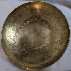Vintage Antique Chinese Brass Bowl Dragon 20cm Engraved  Gold Decorative Plate